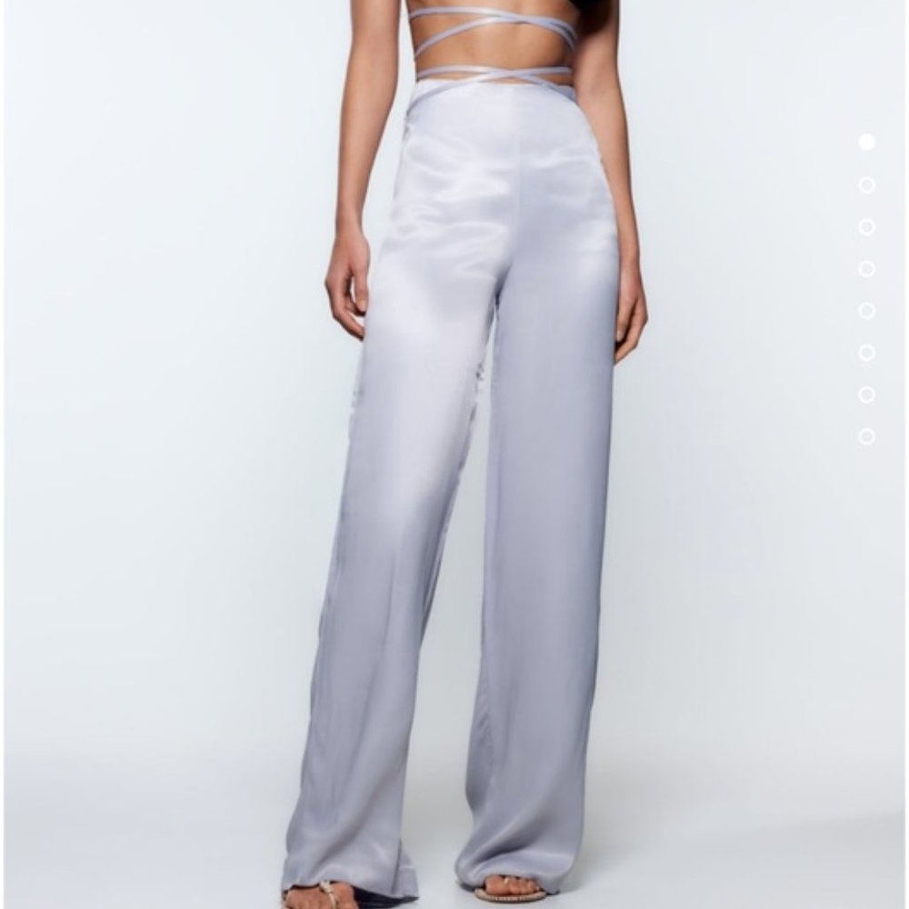 Zara Silver Satin Wide Leg Pant